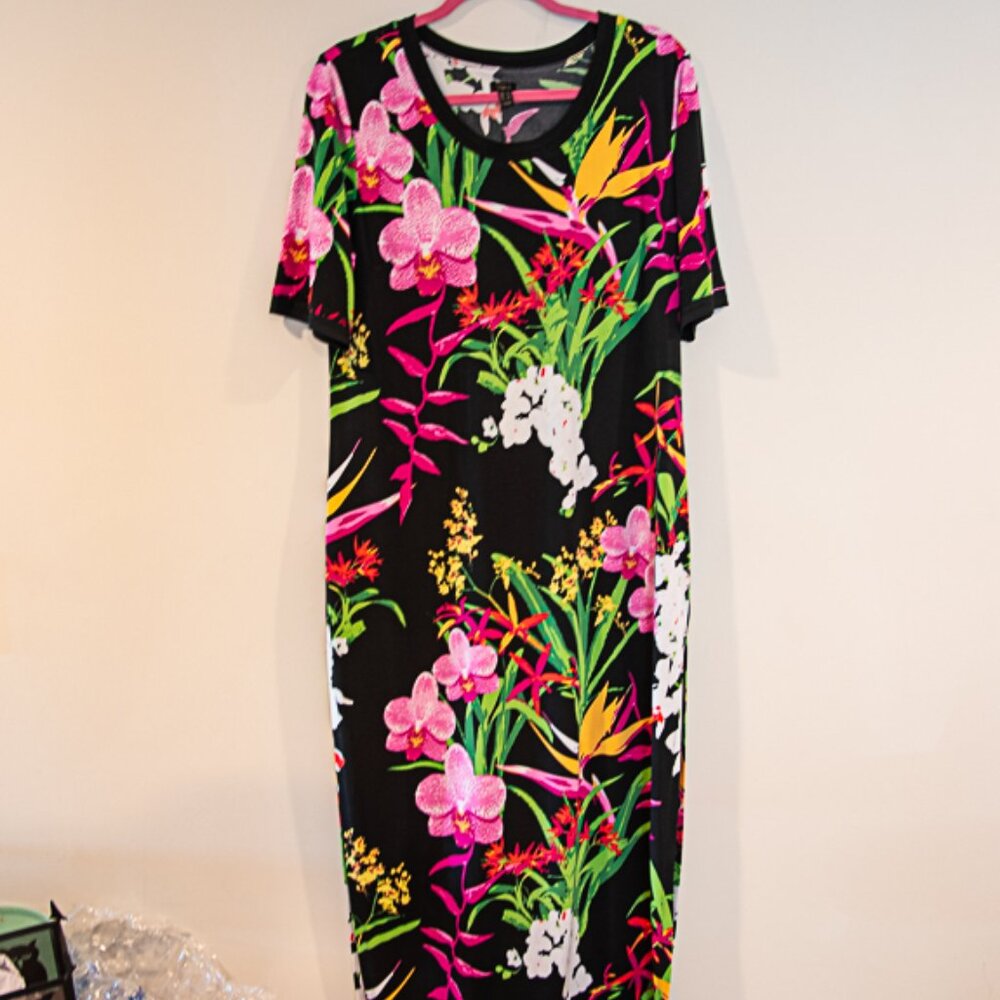 Gili Full length tropical print Jersey Dress  side slits Jarge